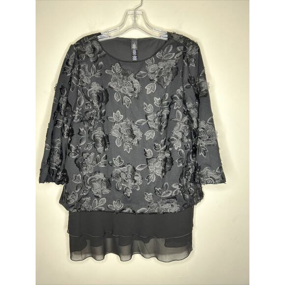 Chicos Black Label Women’s Tunic Medium Embroidered Black Floral Elegant Layered - Picture 1 of 13